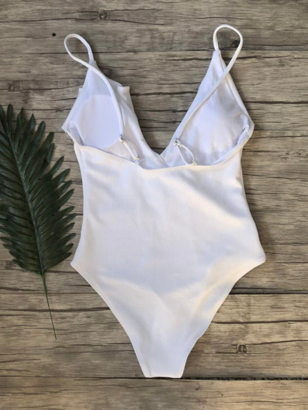 New solid color one-piece ruffled sexy shoulder swimsuit