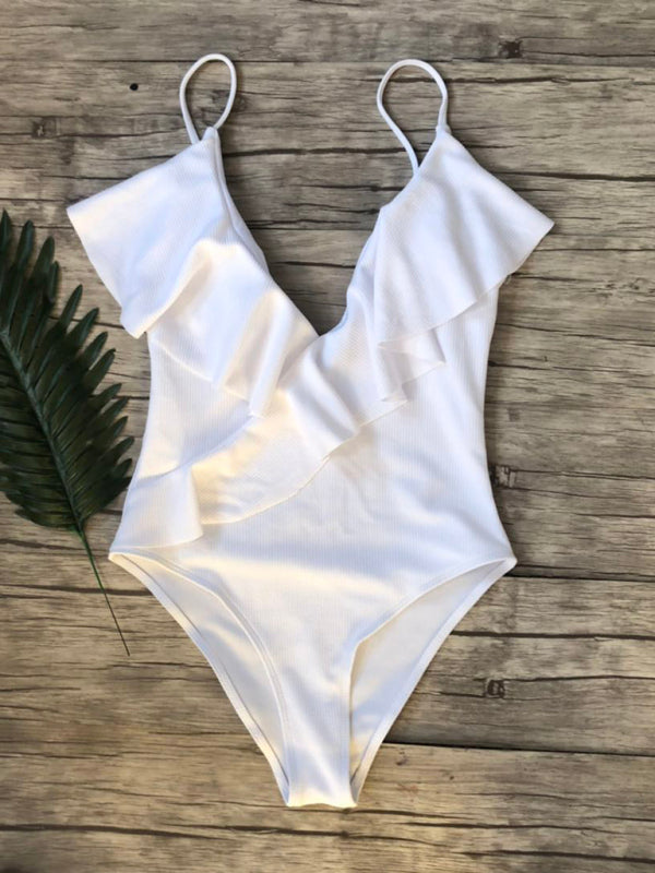 New solid color one-piece ruffled sexy shoulder swimsuit