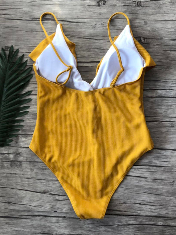 New solid color one-piece ruffled sexy shoulder swimsuit