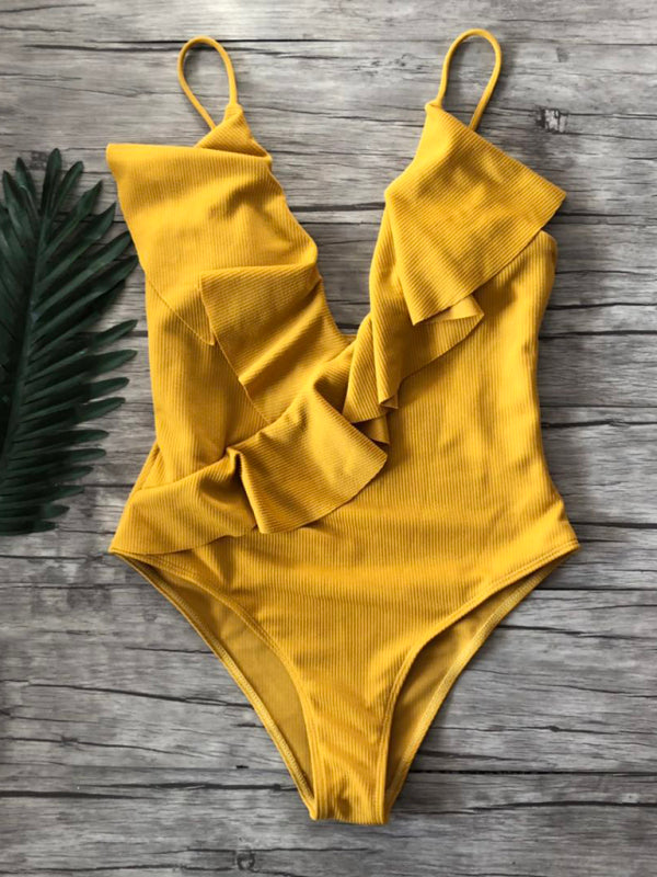 New solid color one-piece ruffled sexy shoulder swimsuit