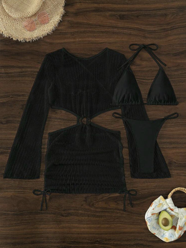 New mesh hollow drawstring swimsuit bikini three-piece set
