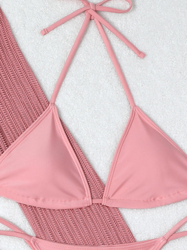 New mesh hollow drawstring swimsuit bikini three-piece set