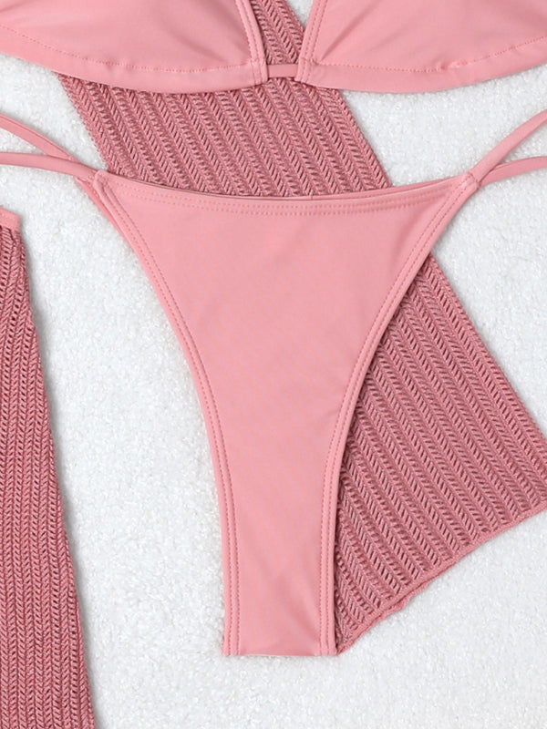 New mesh hollow drawstring swimsuit bikini three-piece set