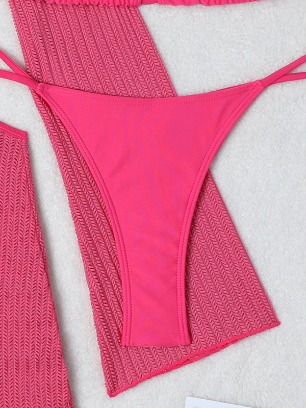 New mesh hollow drawstring swimsuit bikini three-piece set
