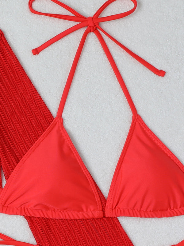 New mesh hollow drawstring swimsuit bikini three-piece set