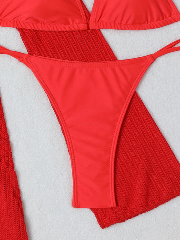 New mesh hollow drawstring swimsuit bikini three-piece set