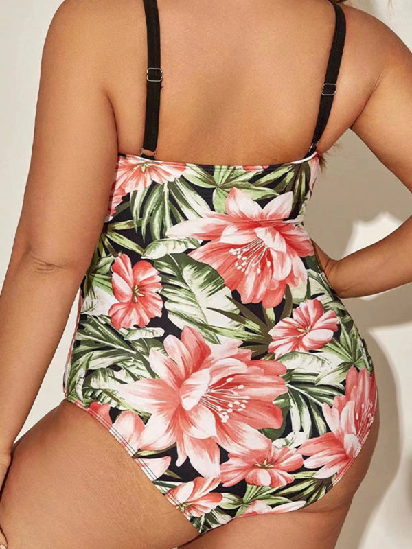 Plus size sexy printed hip-covering strappy one-piece swimsuit