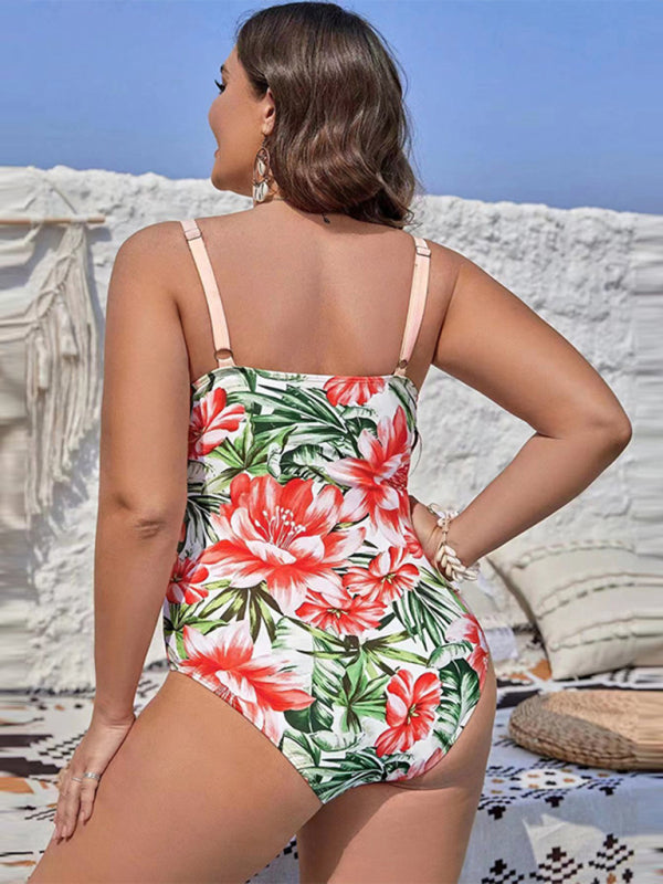 Plus size sexy printed hip-covering strappy one-piece swimsuit