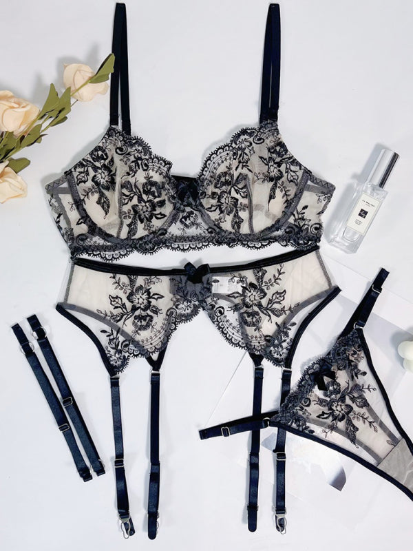 New Sexy Embroidered Perspective Belt Hollow lingerie Suit