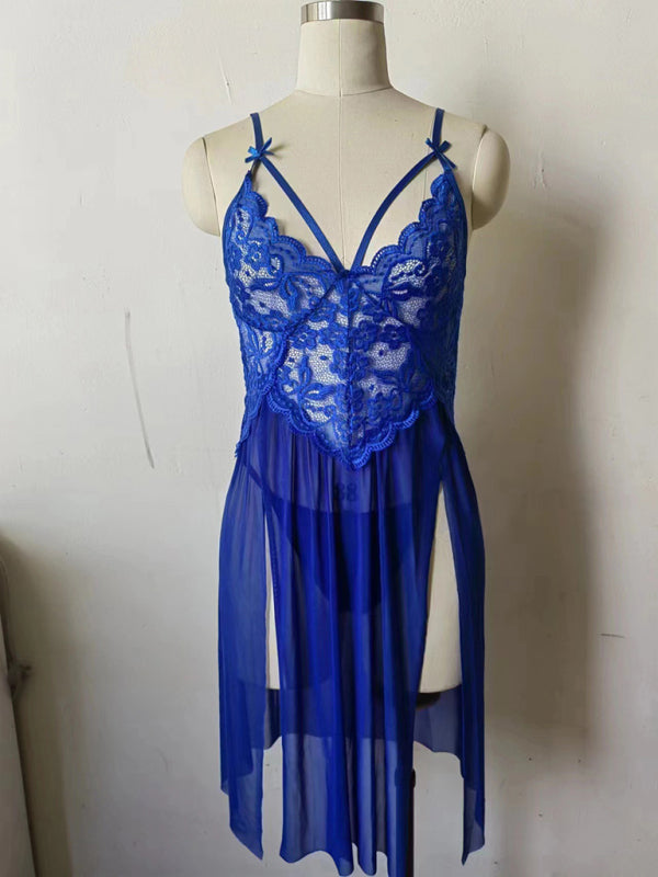 New sexy mesh see-through lace embroidered suspender nightgown slit long skirt lingerie
