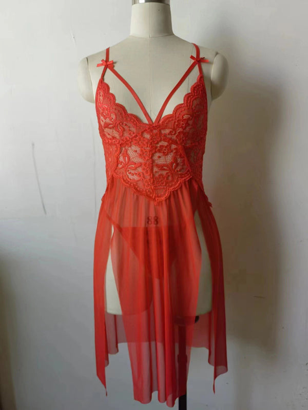 New sexy mesh see-through lace embroidered suspender nightgown slit long skirt lingerie
