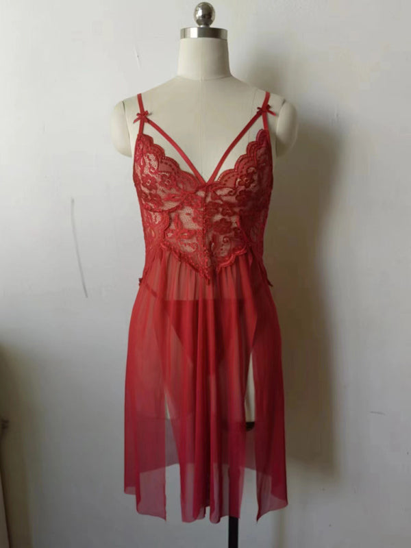 New sexy mesh see-through lace embroidered suspender nightgown slit long skirt lingerie