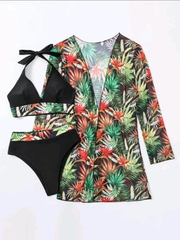 New sexy bikini push-up split printed mesh three-piece swim suit
