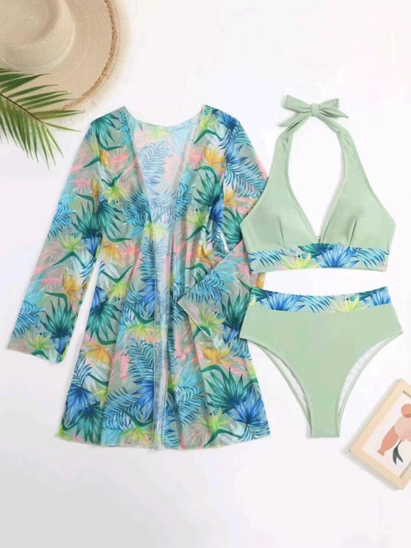 New sexy bikini push-up split printed mesh three-piece swim suit