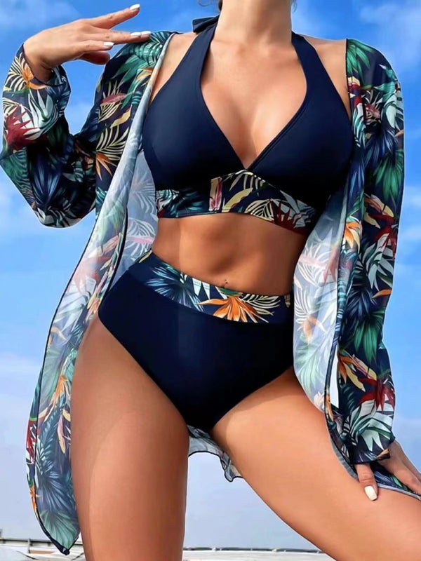New sexy bikini push-up split printed mesh three-piece swim suit