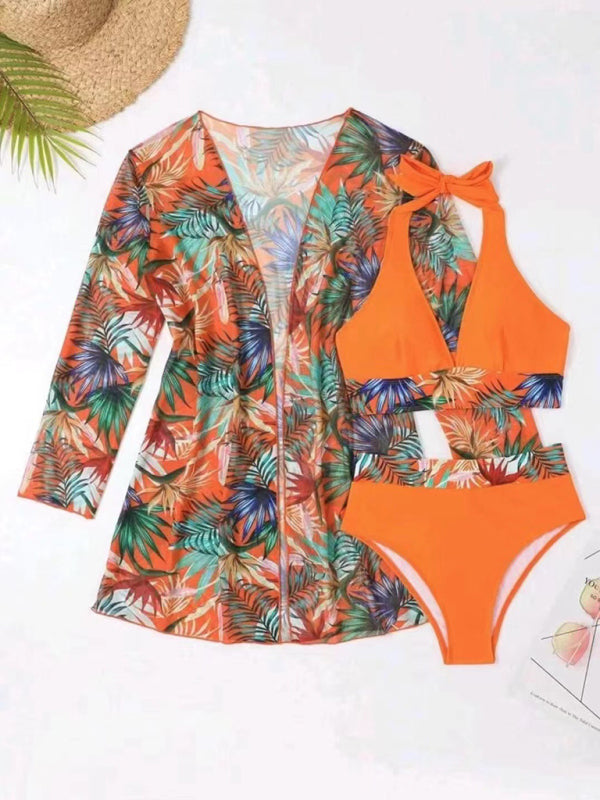 New sexy bikini push-up split printed mesh three-piece swim suit
