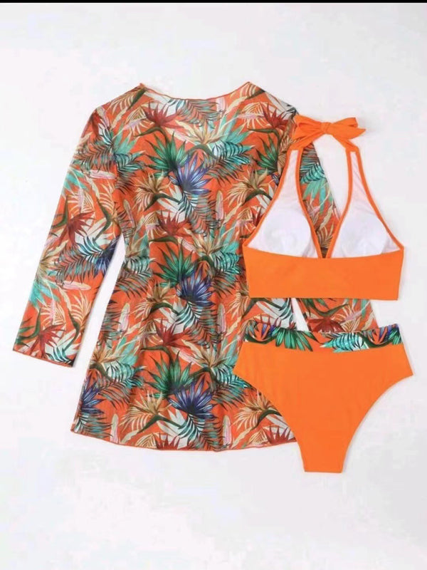 New sexy bikini push-up split printed mesh three-piece swim suit