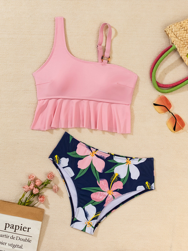 New high waist bikini ruffle leaf print multicolor swimsuit