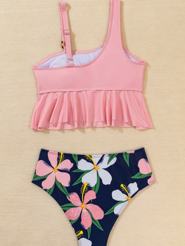 New high waist bikini ruffle leaf print multicolor swimsuit