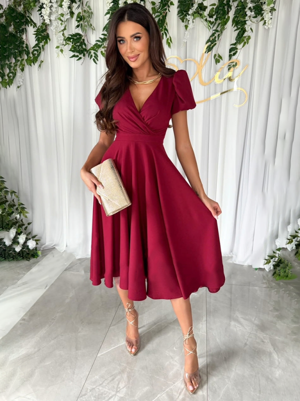 New Solid Color V-Neck Waist Puff Sleeve Swing Dress