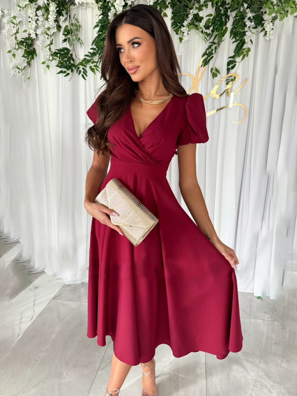 New Solid Color V-Neck Waist Puff Sleeve Swing Dress