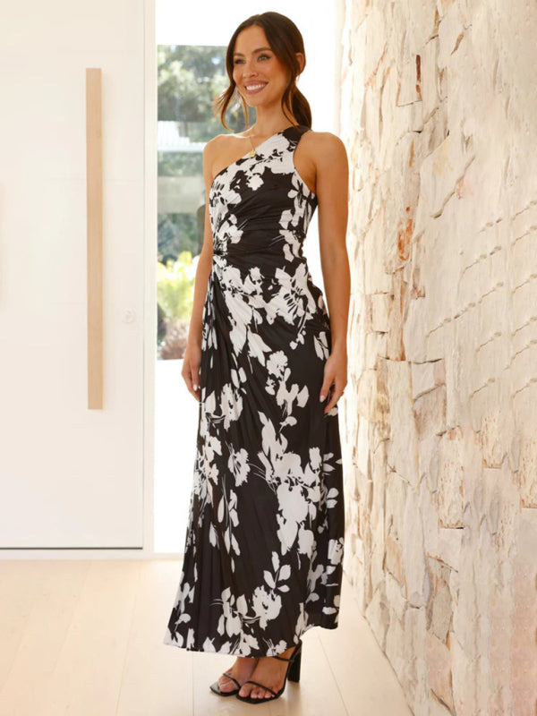 Women's Elegant Pleated One Shoulder Waist Hollow Dress
