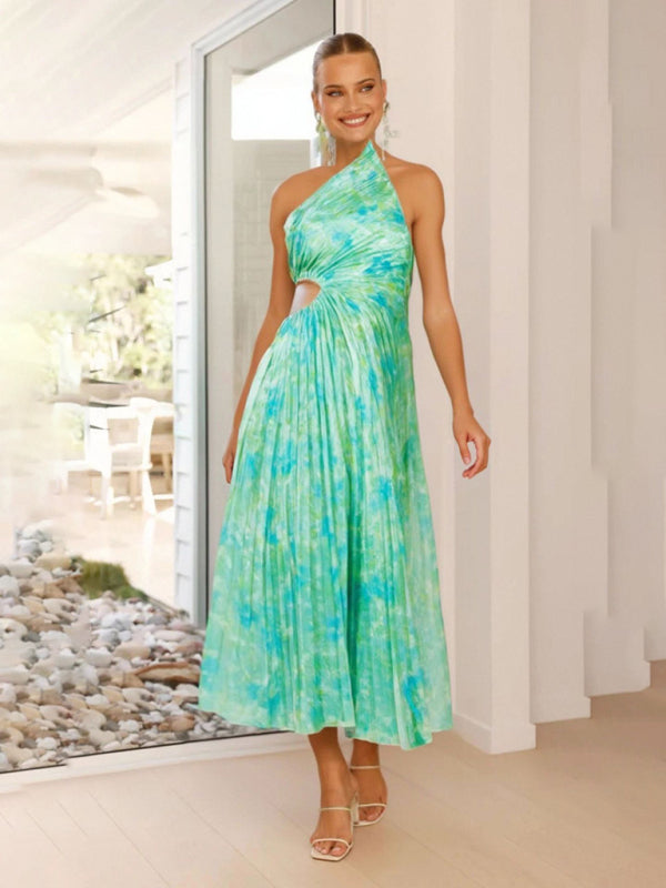 Women's Elegant Pleated One Shoulder Waist Hollow Dress