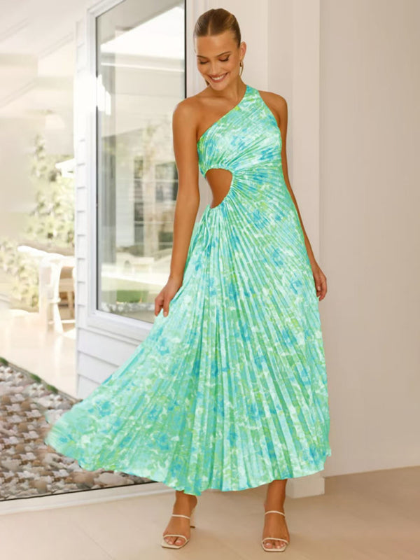 Women's Elegant Pleated One Shoulder Waist Hollow Dress