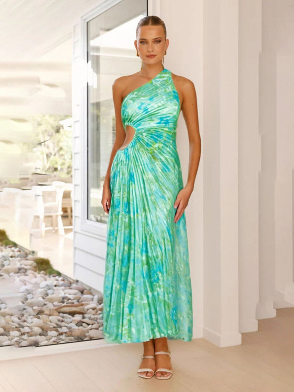 Women's Elegant Pleated One Shoulder Waist Hollow Dress