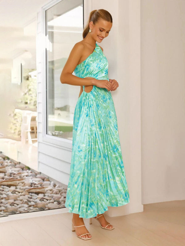 Women's Elegant Pleated One Shoulder Waist Hollow Dress
