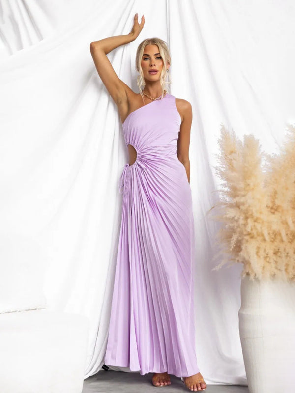 Women's Elegant Pleated One Shoulder Waist Hollow Dress