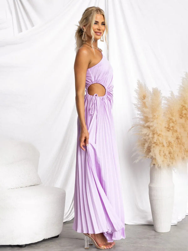 Women's Elegant Pleated One Shoulder Waist Hollow Dress