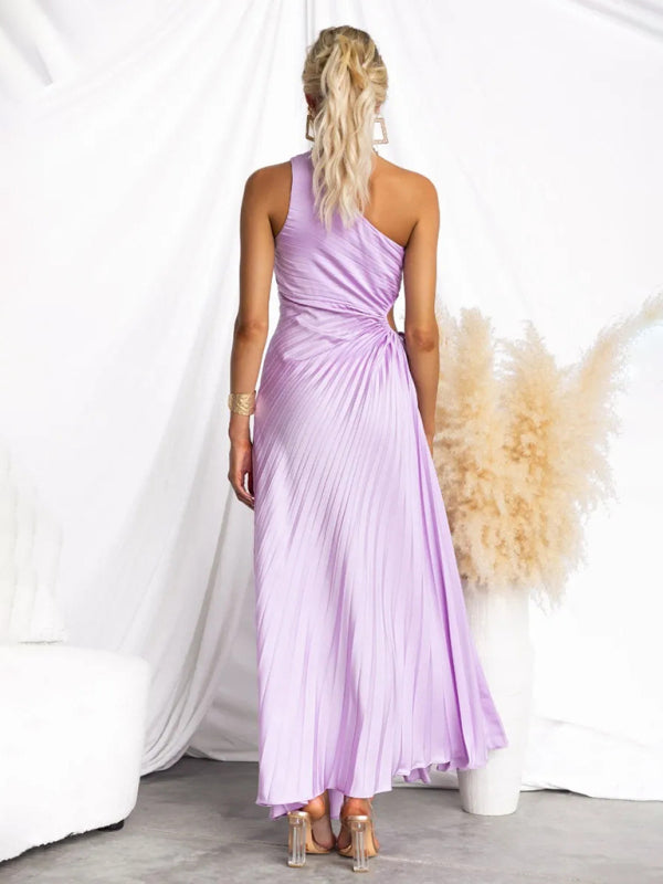 Women's Elegant Pleated One Shoulder Waist Hollow Dress