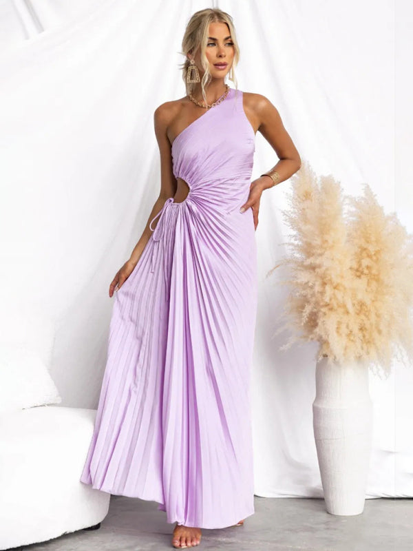 Women's Elegant Pleated One Shoulder Waist Hollow Dress