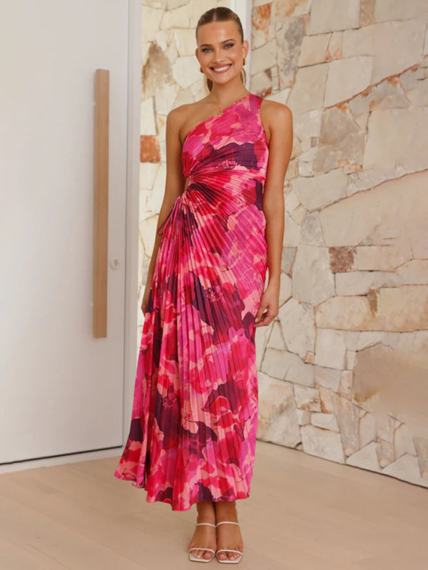 Women's Elegant Pleated One Shoulder Waist Hollow Dress