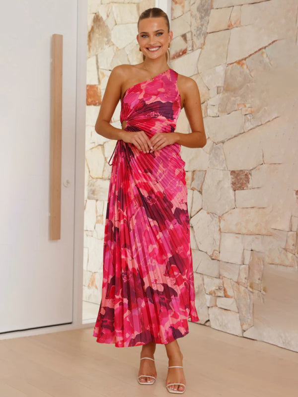 Women's Elegant Pleated One Shoulder Waist Hollow Dress