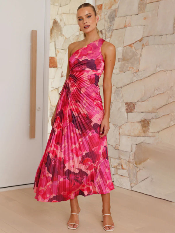 Women's Elegant Pleated One Shoulder Waist Hollow Dress