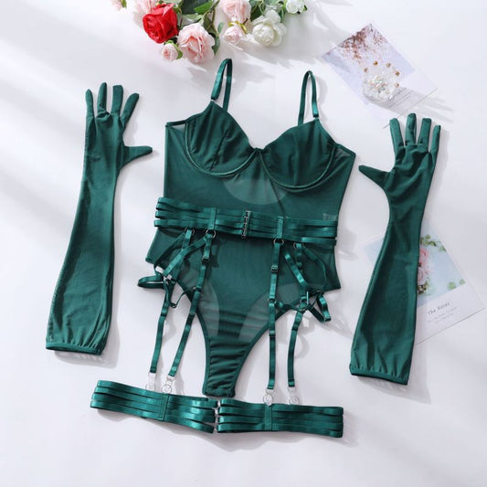 New sexy one-piece bodysuit with gloves and bandage see-through mesh lingerie