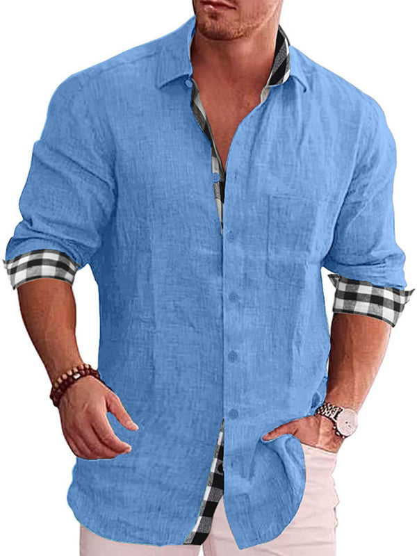 Casual Cotton Linen Shirt Men's Long Sleeve Plaid Stitching Shirt