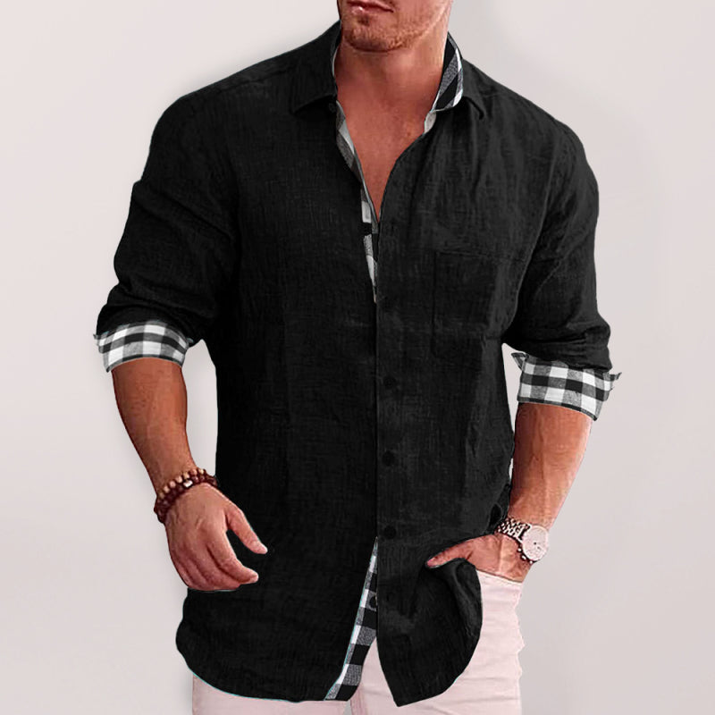Casual Cotton Linen Shirt Men's Long Sleeve Plaid Stitching Shirt