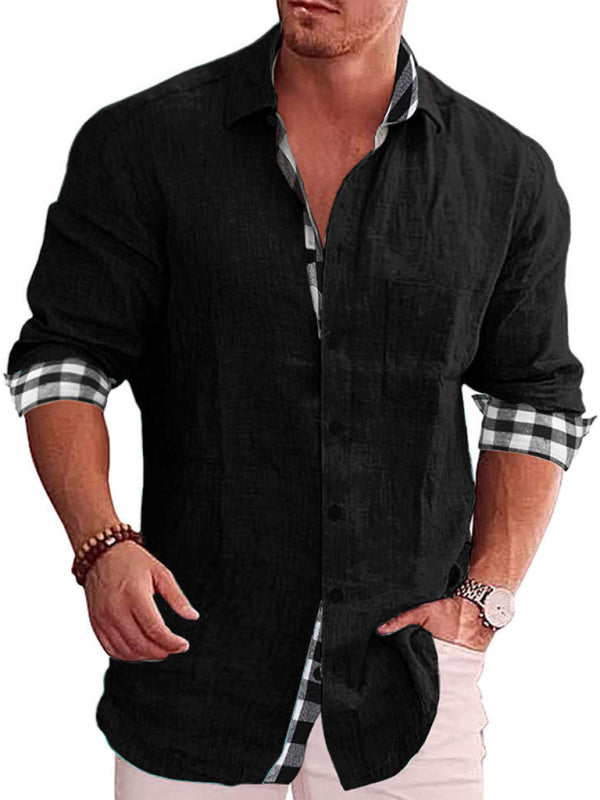 Casual Cotton Linen Shirt Men's Long Sleeve Plaid Stitching Shirt