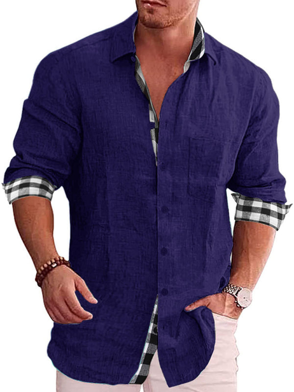 Casual Cotton Linen Shirt Men's Long Sleeve Plaid Stitching Shirt