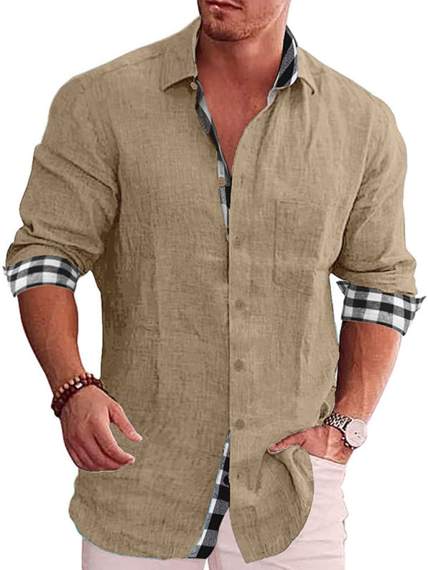 Casual Cotton Linen Shirt Men's Long Sleeve Plaid Stitching Shirt