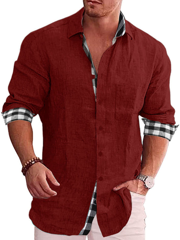 Casual Cotton Linen Shirt Men's Long Sleeve Plaid Stitching Shirt