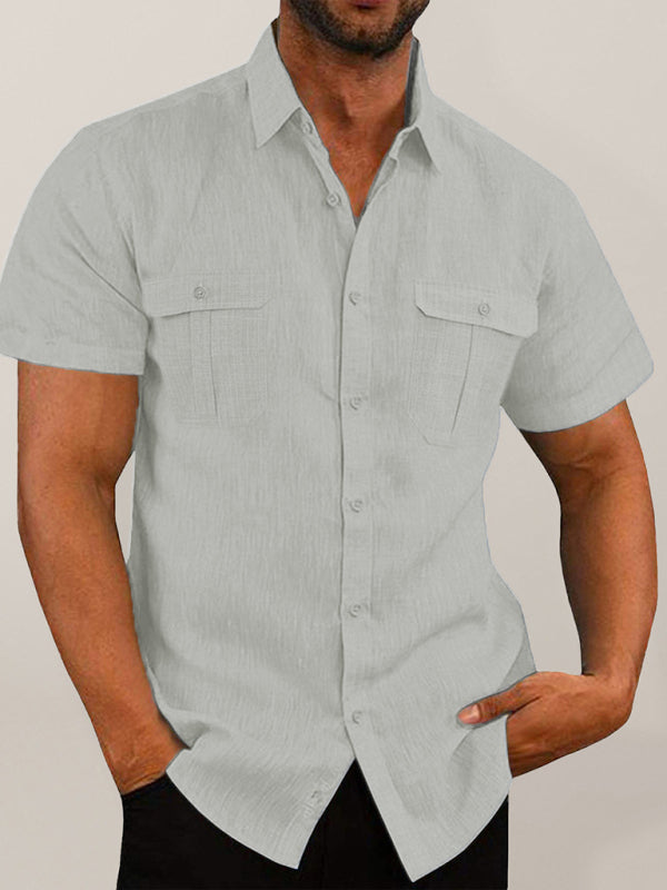 Men's Double Pocket Cotton Linen Short Sleeve Casual Shirt