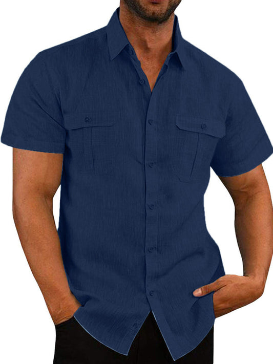 Men's Double Pocket Cotton Linen Short Sleeve Casual Shirt