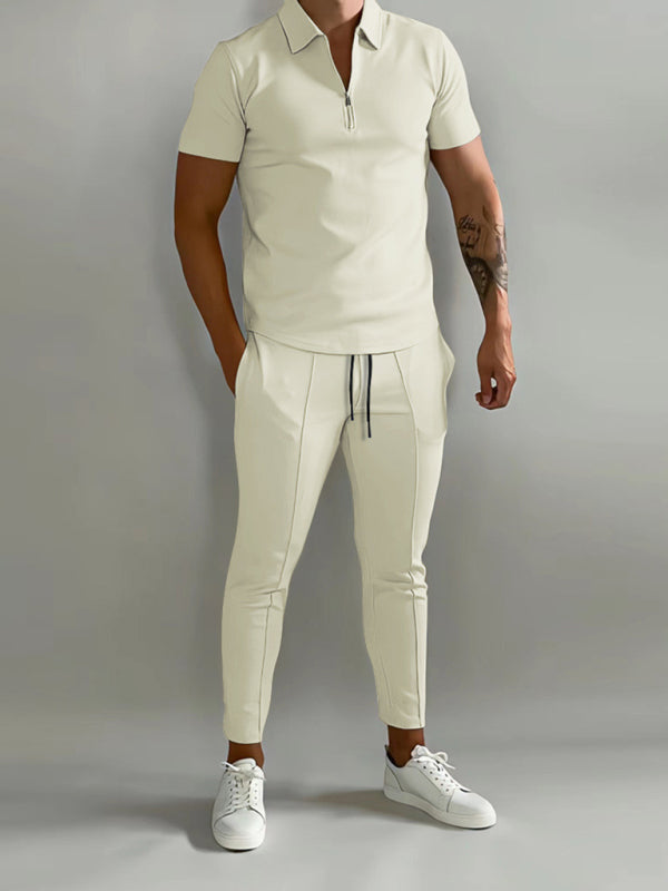 Men's solid color lapel short-sleeved POLO shirt + pants two-piece suit