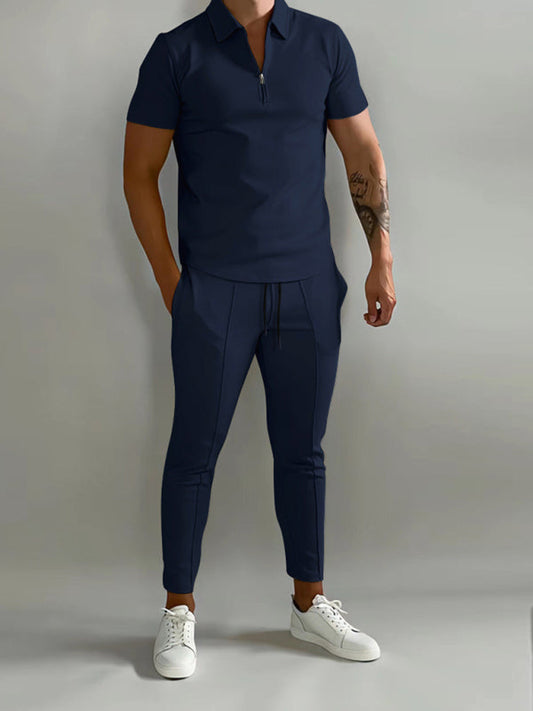 Men's solid color lapel short-sleeved POLO shirt + pants two-piece suit