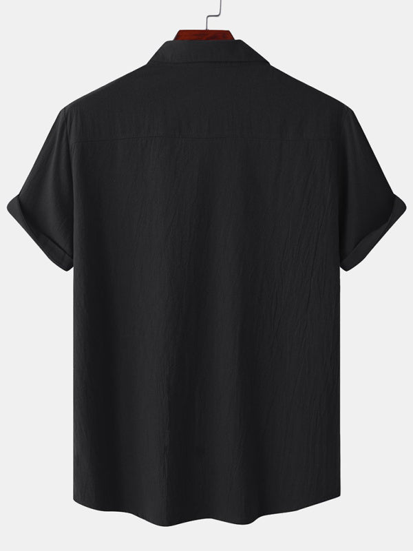 Men's Square Neck Casual Cotton Linen Shirt Linen Solid Color Half Sleeve Top