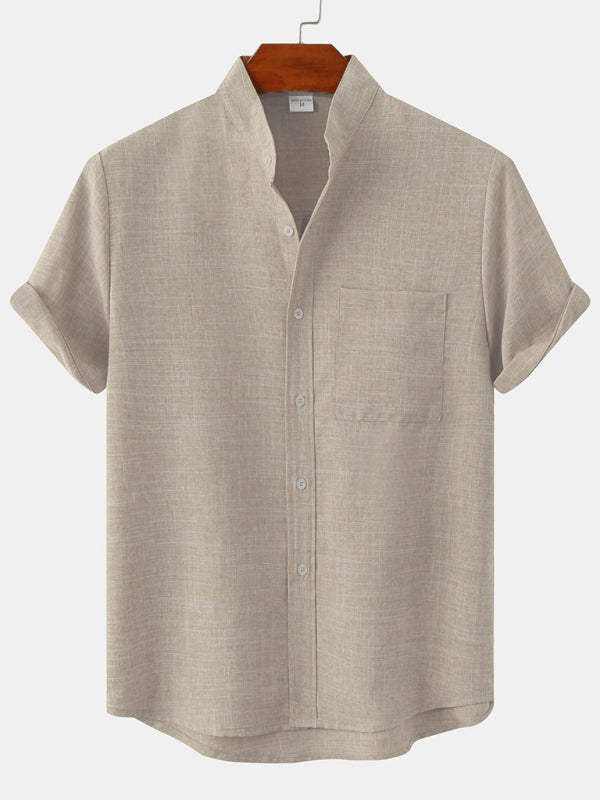 Spring and summer casual short-sleeved solid color cotton linen men's shirt